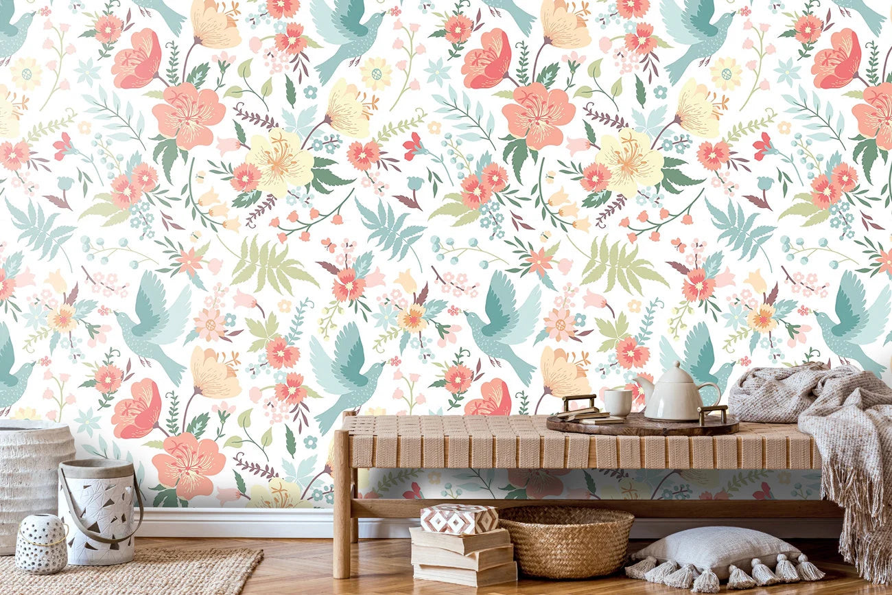 Floral Birds Wallpaper: Colorful Watercolor Peel and Stick Wall Mural
