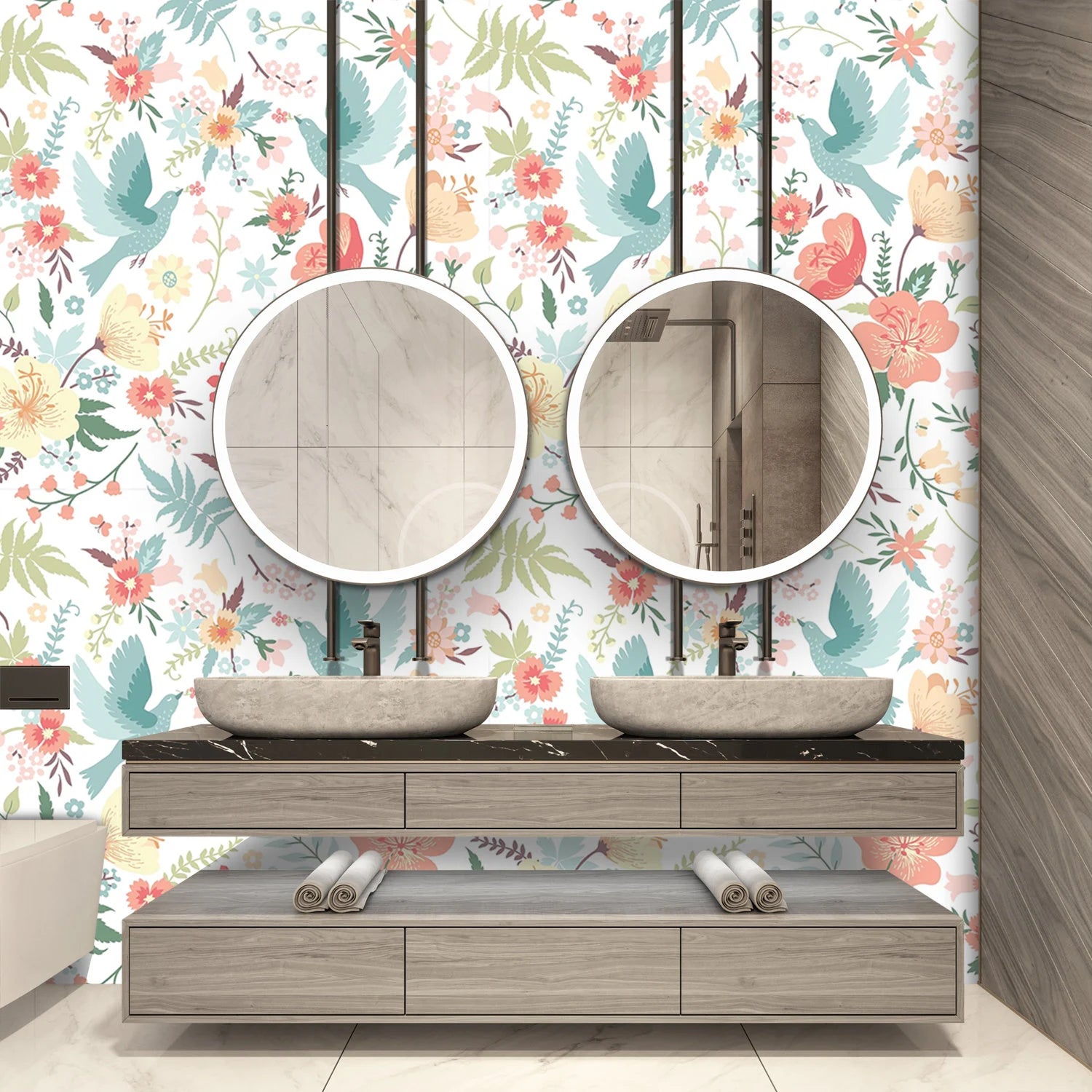 Floral Birds Wallpaper: Colorful Watercolor Peel and Stick Wall Mural