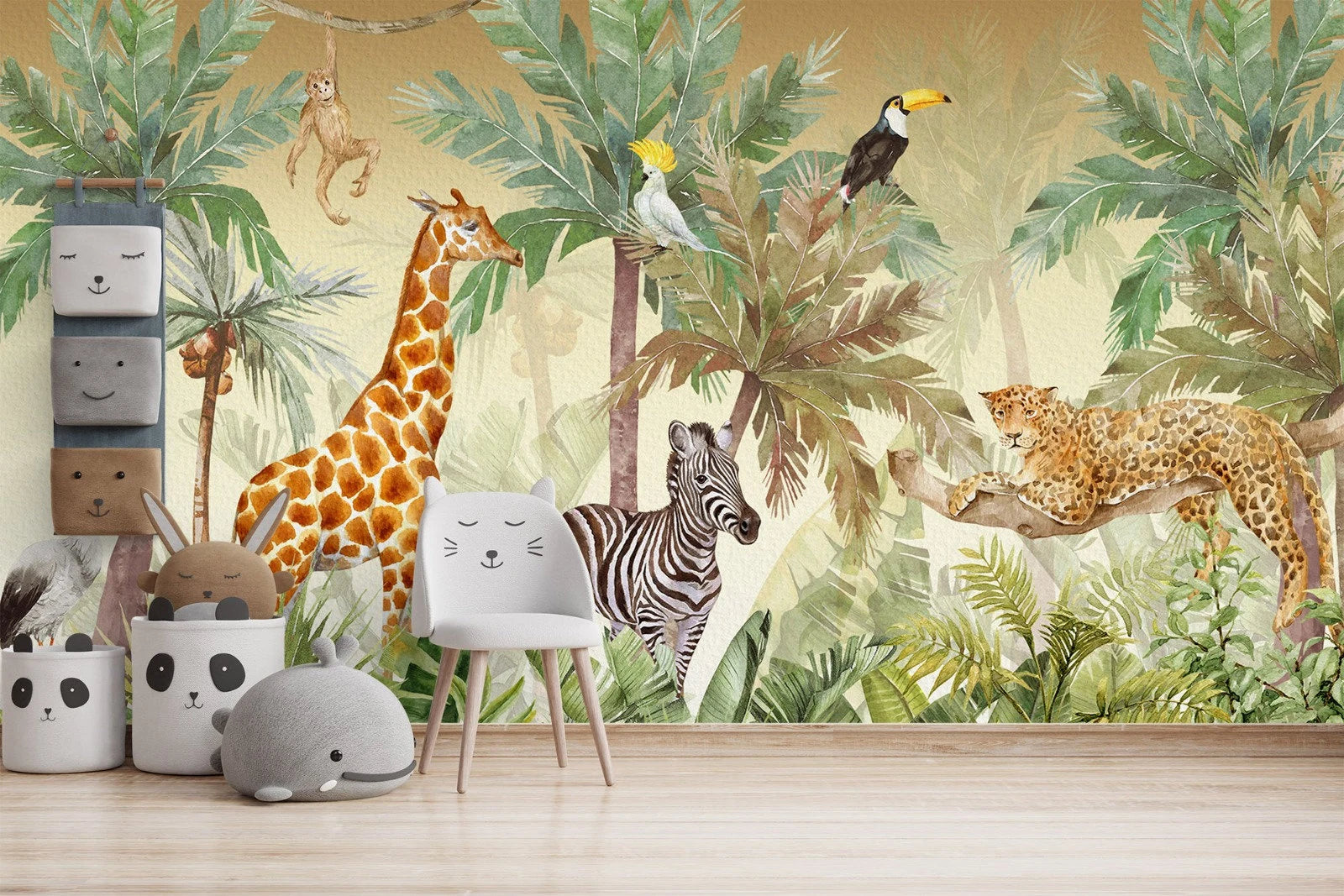 Jungle Safari Animals Wallpaper: Tropical Kids Room Mural (Peel and Stick)
