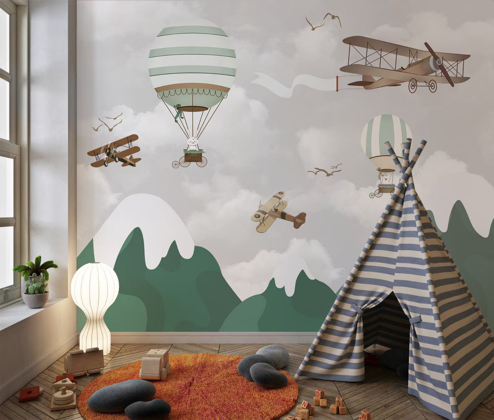 Hot Air Balloons Kids Wallpaper: Peel and Stick Nursery Mural