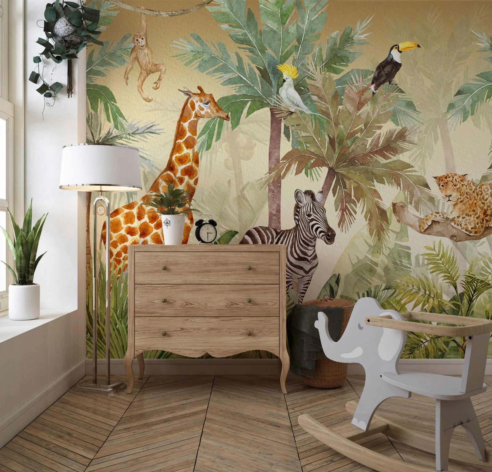 Jungle Safari Animals Wallpaper: Tropical Kids Room Mural (Peel and Stick)