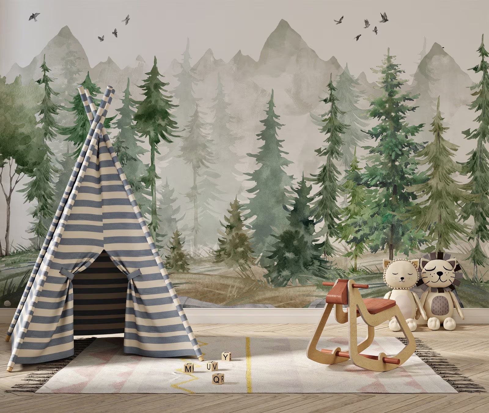 Mountain and Trees Kids Wallpaper – Peel and Stick Nursery Wall Mural