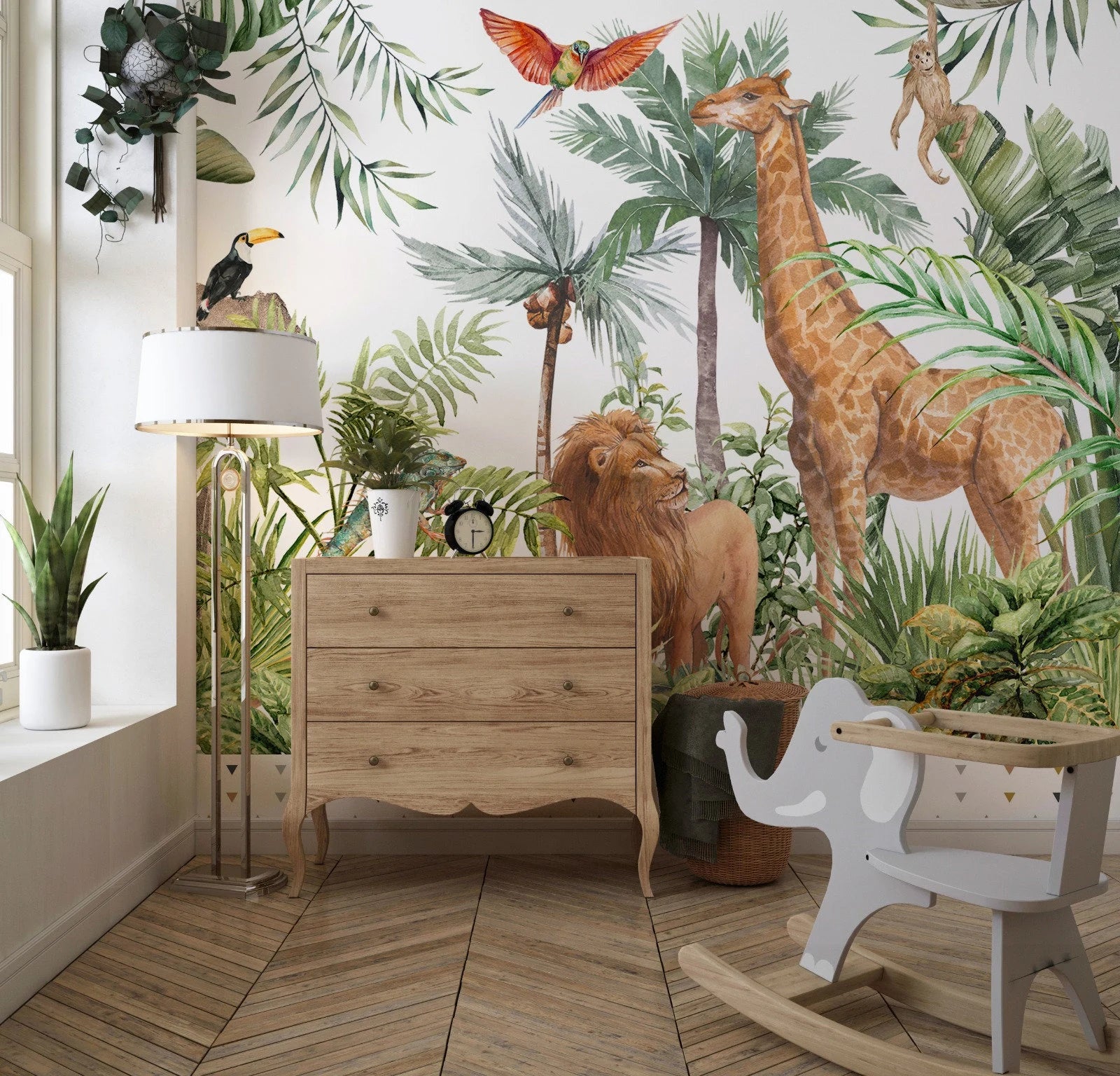 Jungle Safari Animals Wallpaper: Tropical Kids Room Mural (Peel and Stick)