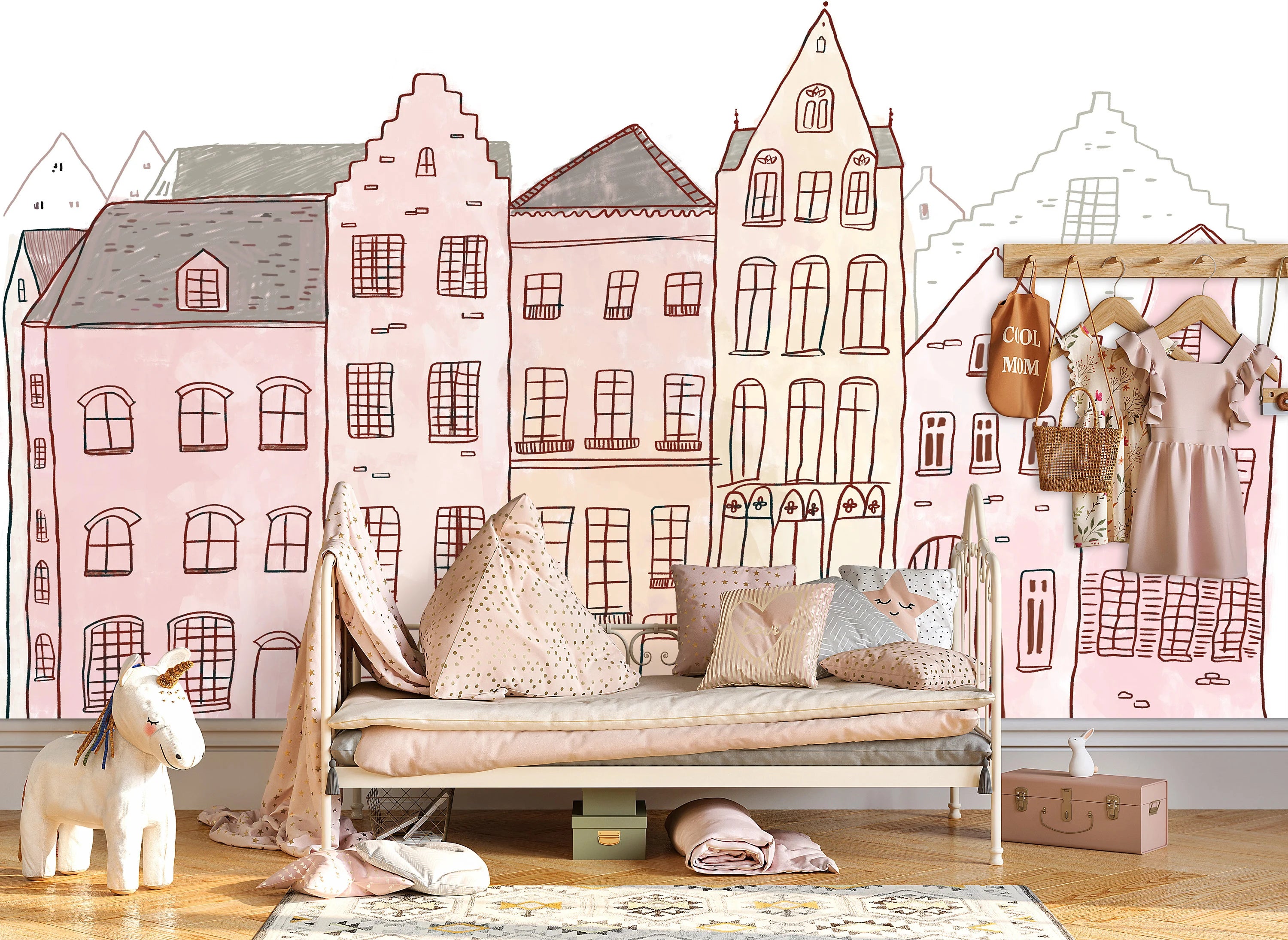 Kids Cityscape Wallpaper Mural, Peel and Stick Nursery Decor