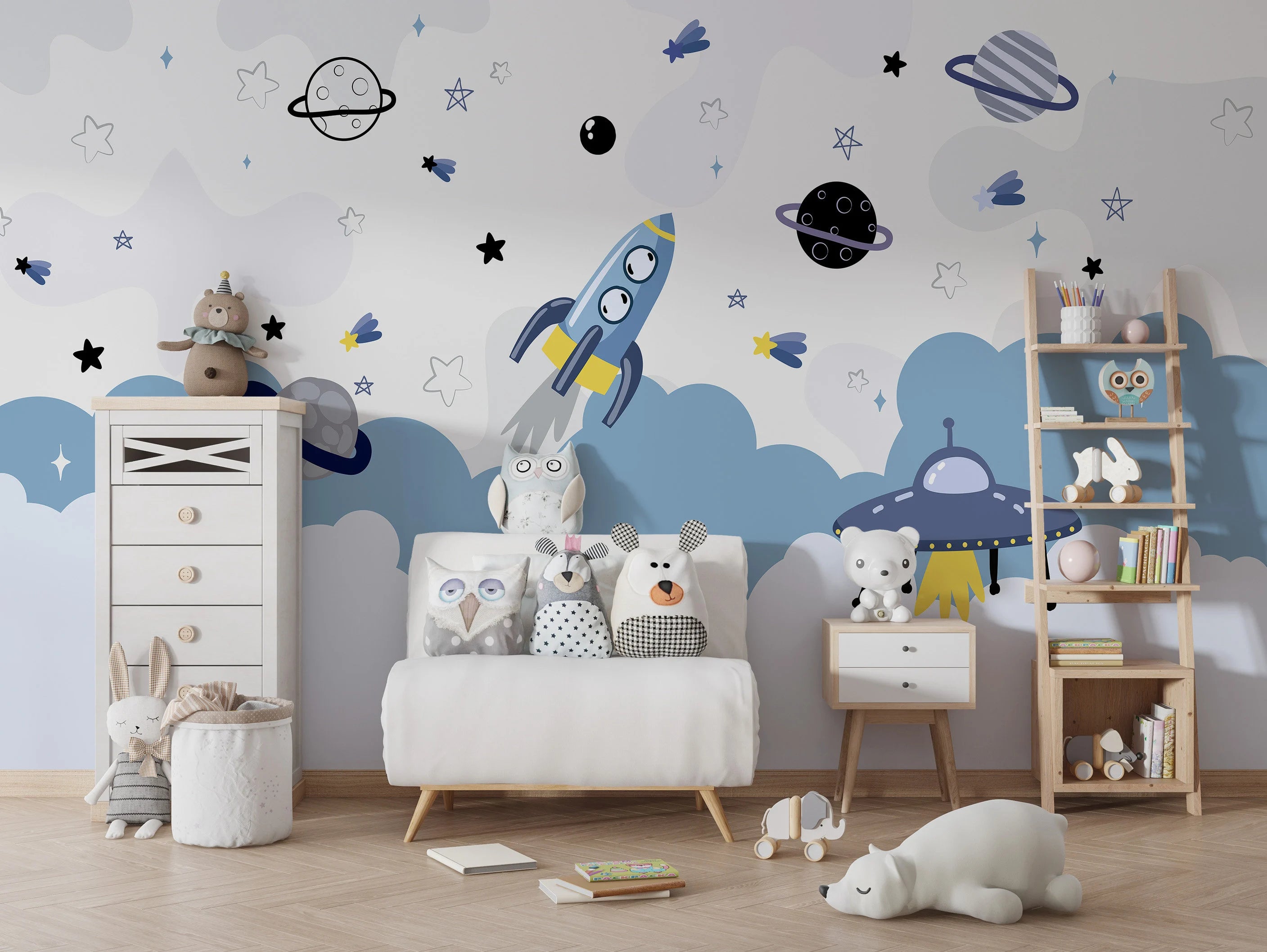 Cartoon Space Nursery Mural: Peel and Stick Galaxy Wallpaper
