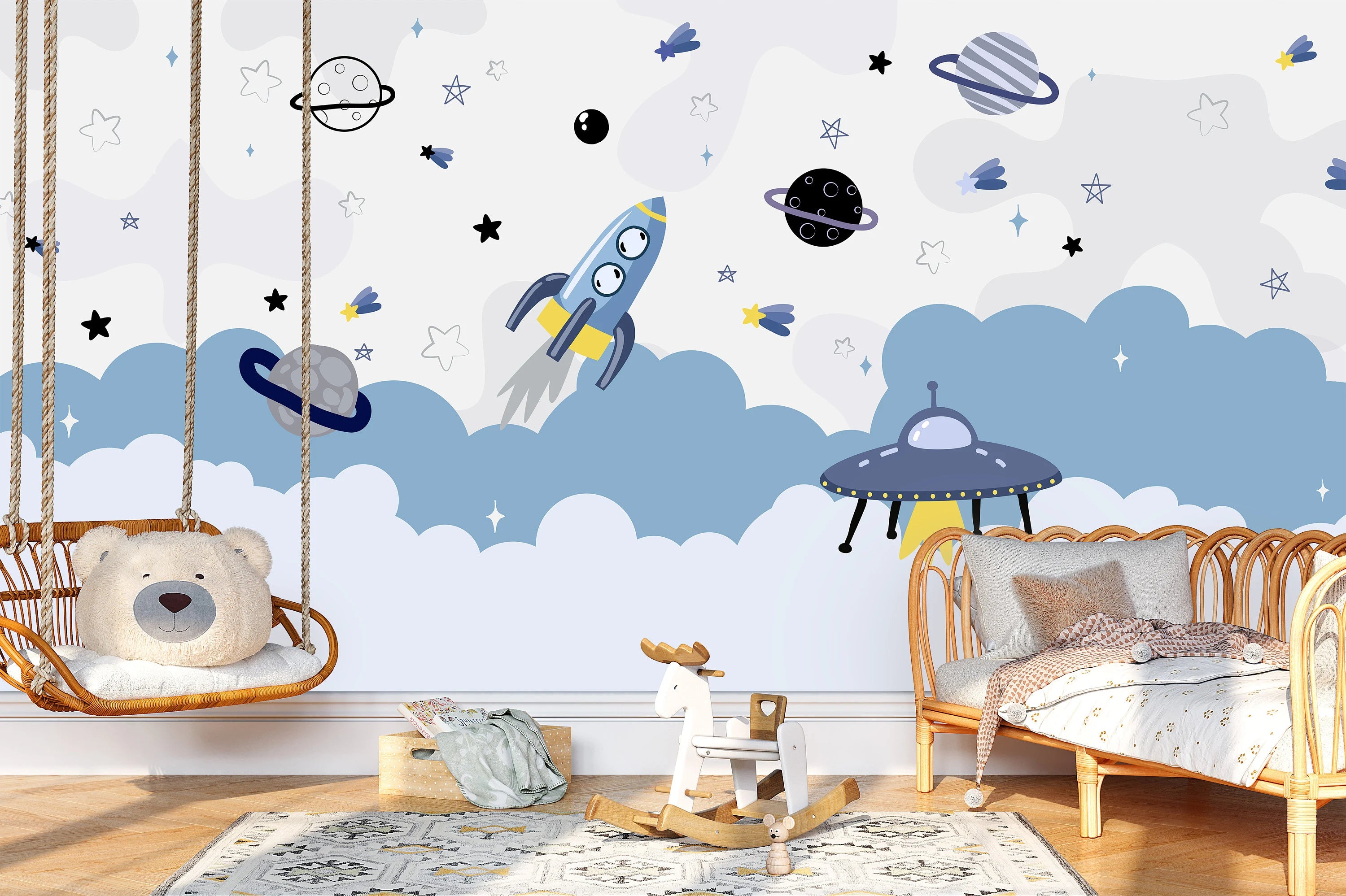 Cartoon Space Nursery Mural: Peel and Stick Galaxy Wallpaper