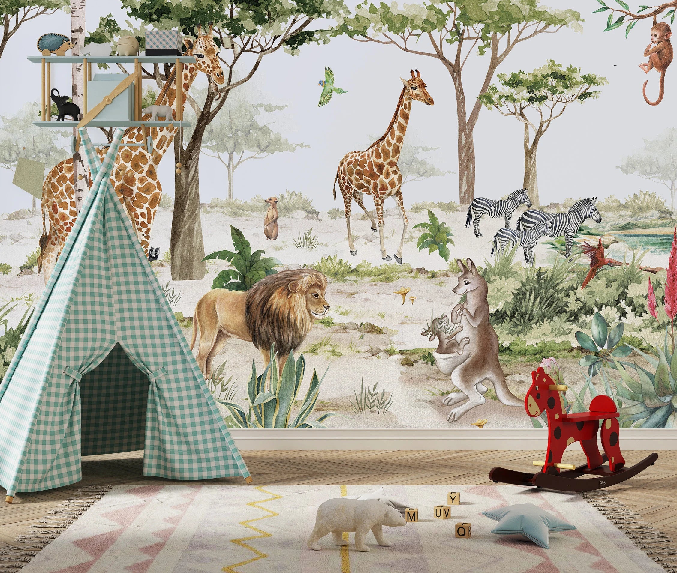 Safari Animals Peel and Stick Wallpaper: Jungle Mural, Children's Room Decor