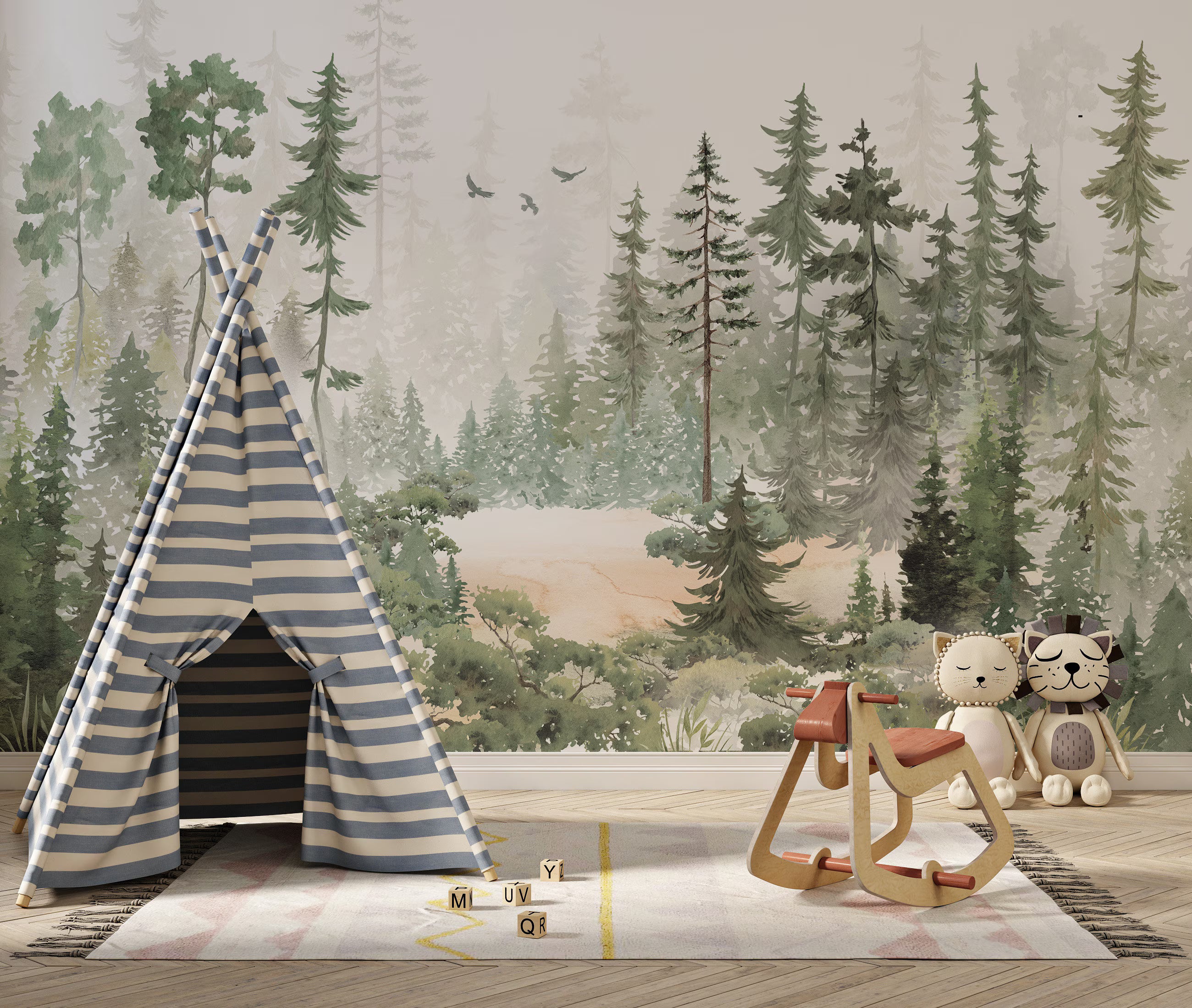 Mountain and Trees Kids Wallpaper: Peel and Stick Nursery Wall Mural